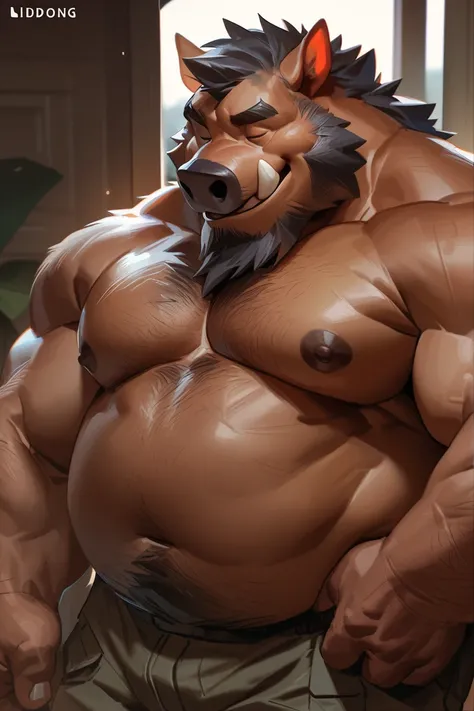 lindong, chubby man wear shorts, (chubby:1.3, fat, fat belly, big belly, musclegut), sleeping in terrace, topless, cargo shorts, standing, furry, an anthro (boar), nipples, an anthto, happy expression, extremely detailed muscle, detailed face, face, detail...