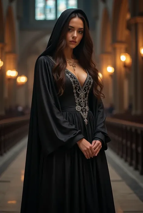 A stunning young woman standing in a grand gothic cathedral, wearing a sleek black satin medieval dress with a deep neckline and intricate silver embroidery. Her figure is curvy and well-defined, with an hourglass shape and ample chest size. She has long, ...