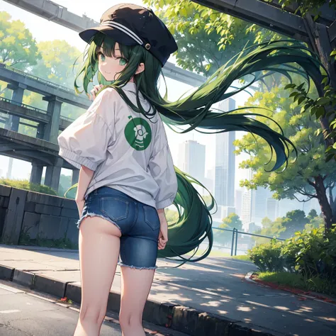 A age anime girl ,Standing straight ، with a cute smiling face, green eyes, very long black hair And tidy , and wearing a  short-sleeved white shirt. short denim Jeans، Skinny thigh، and green socks with sneakers، Green hip hop hat. 
From a back angle