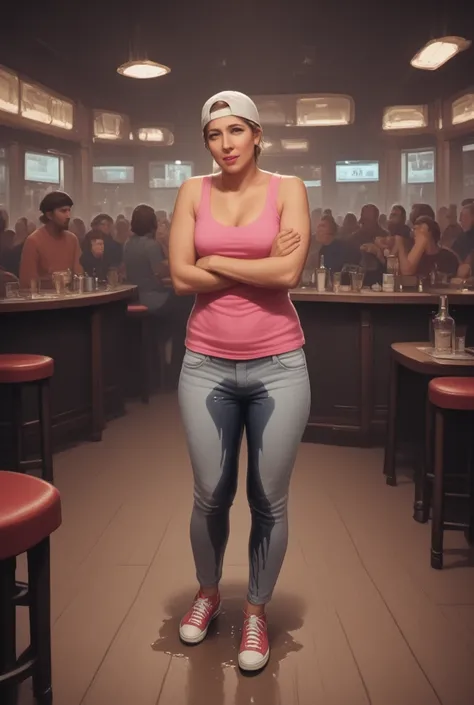 (photorealism:1.2), beautiful slim athletic woman, highly detailed pretty face, with a well toned body, standing in crowded a bar, wearing low cut pink tank top, with perfect large breasts, skin tight light grey jeans, wear red converse trainers, very shor...