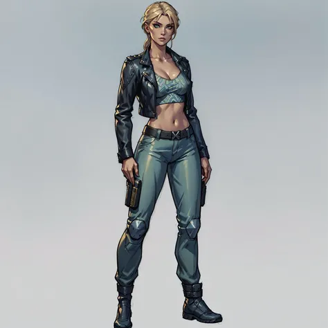 a close up of a person in a leather jacket and pants, female lead character, single character concept art, female doc savage, detailed full body concept art, shadowrun character art, official character art, full body character concept, realistic character ...