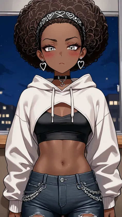 1Girl, Mature, Ebony, African American, Dark Skin, Jet Black Short Curly Hair With Brown Highlights, Afro Buns, Silver Grey Eyes, Medium Chest, Black Halter Crop-Top, Black Cropped High-Cut Hoodie, Black Ripped Jeans, Jewelry, Heart Earrings, Black Hairban...