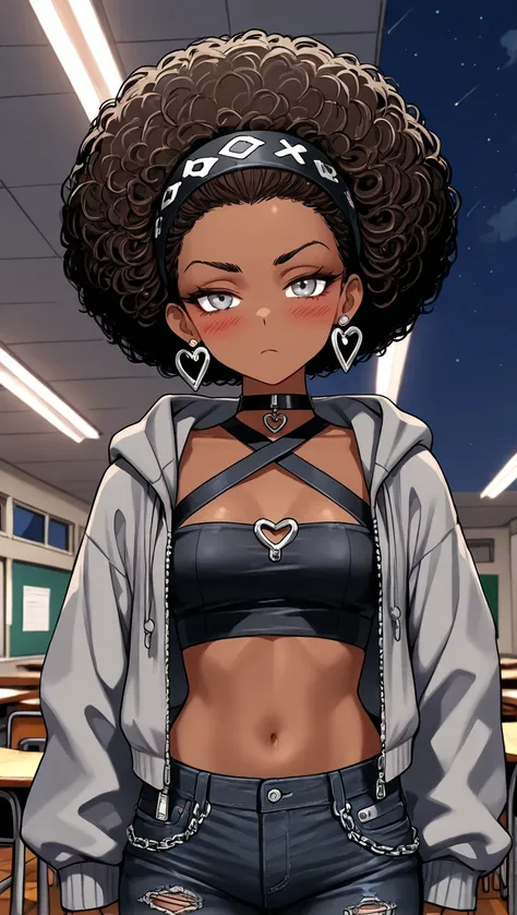 1Girl, Mature, Ebony, African American, Dark Skin, Jet Black Short Curly Hair With Brown Highlights, Afro Buns, Silver Grey Eyes, Medium Chest, Black Halter Crop-Top, Black Cropped High-Cut Hoodie, Black Ripped Jeans, Jewelry, Heart Earrings, Black Hairban...