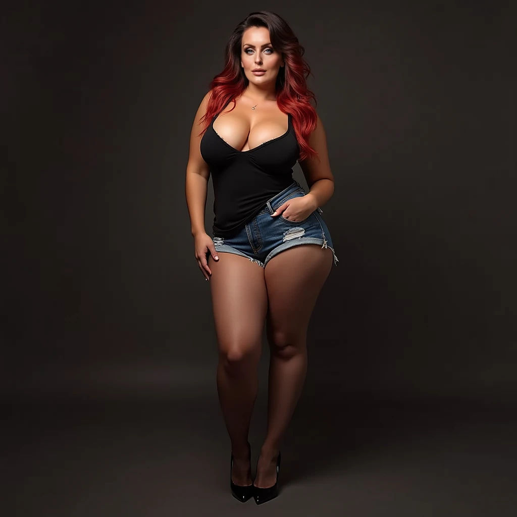 NFSW, woman, wearing loubotin black scarpin, pantyhose, denim shorts and oversized tank top, siliconed boobs, brunette, heavy makeup, long and bright hairs. Body like Valentina Nappi