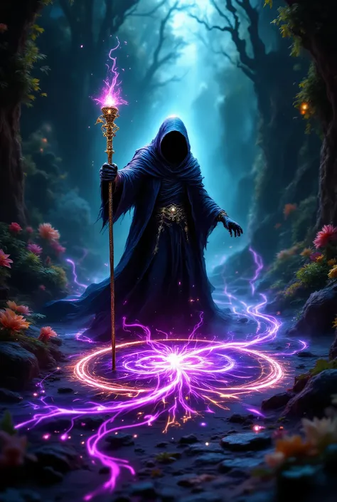 Mysticism, Fantasy, fantasy style, bright beautiful picture A colorful , magician with a cane draws a spell on the ground in sparkling marvelous color, Very Beautiful , masterpiece, 8 k, Best quality, complicated details, , the maximum amount of detai...