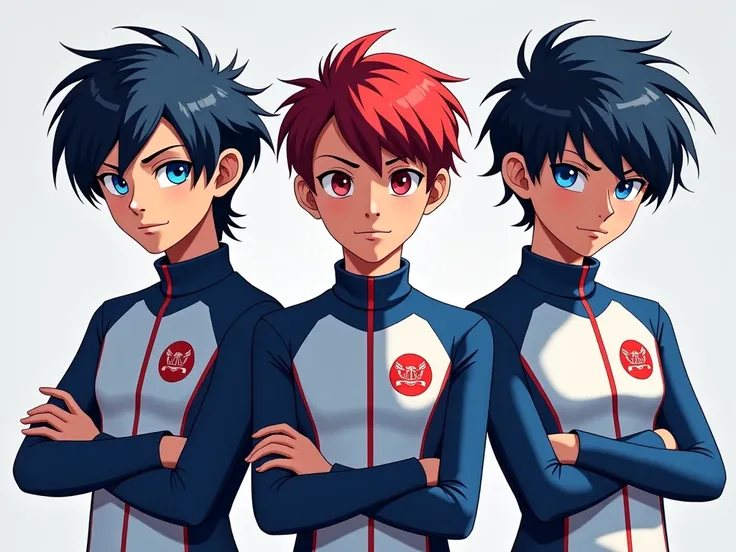 je veux 3 avatar adulte avec leurs uniforme de foot futurist avec leurs coupe de cheveux et yeux stylé artificiel.de personnage de l'anime inazuma eleven victory road sont entraint fixer un tableaux des Score dans un grenier vide avec des affiche d'anime m...