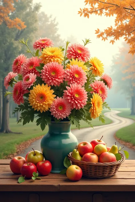 in a hinsky vase a wide bouquet of flowers laid out chrysanthemums and in a basket of apples and pears on a wooden table and there far away trees and a road in the misty fog