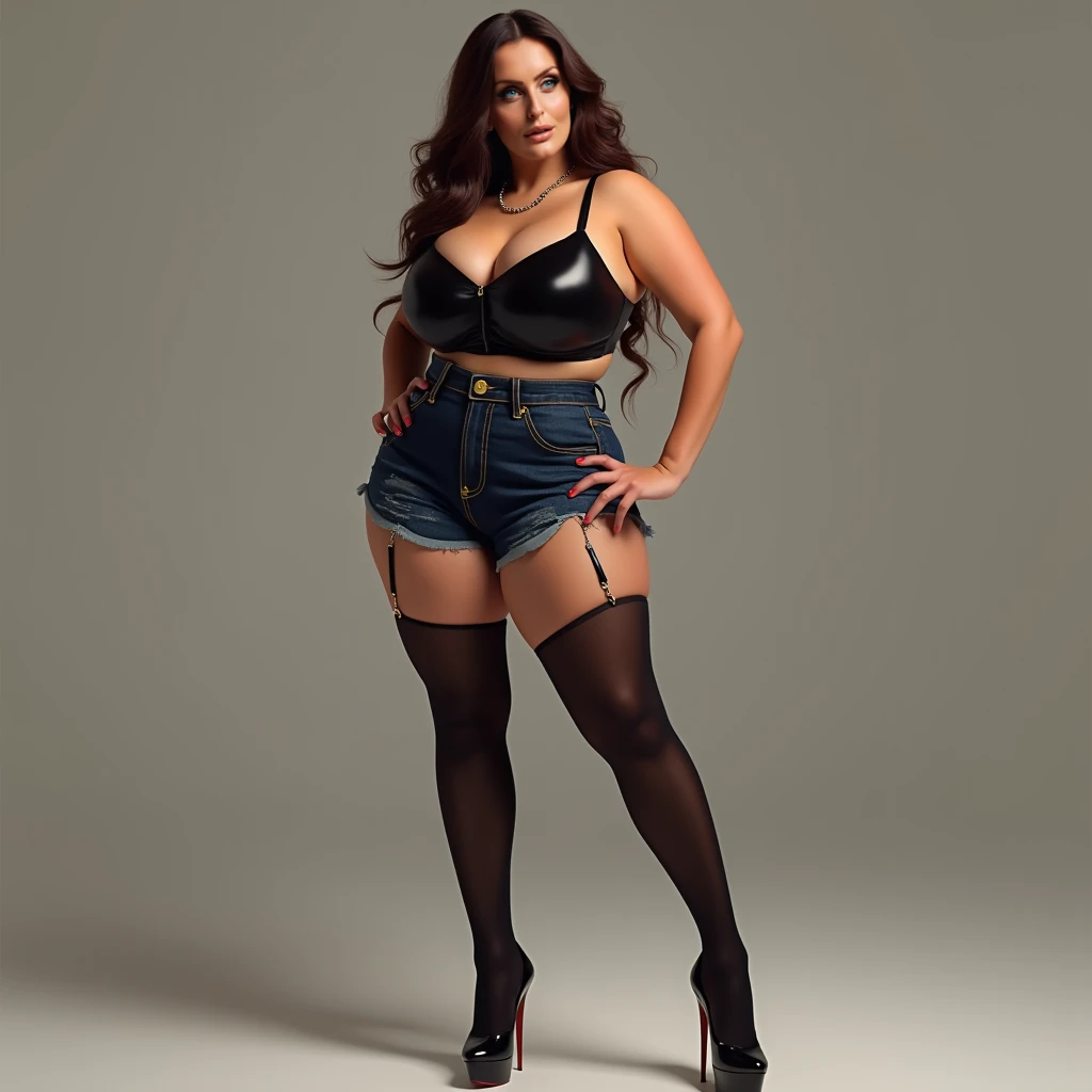 NFSW, woman, wearing very high hells loubotin black scarpin, pantyhose, denim shorts and oversized tank top, siliconed boobs, brunette, heavy makeup, long and bright hairs. Body like Valentina Nappi. 