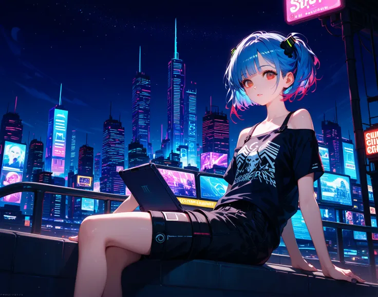 young anime girl, short blue hair with bright red highlights, red eyes, sitting on a rooftop, casual outfit with off-shoulder shirt and black shorts, detailed face, sharp gaze, masterpiece, best quality, ultra-detailed, high resolution, beautiful lighting
...