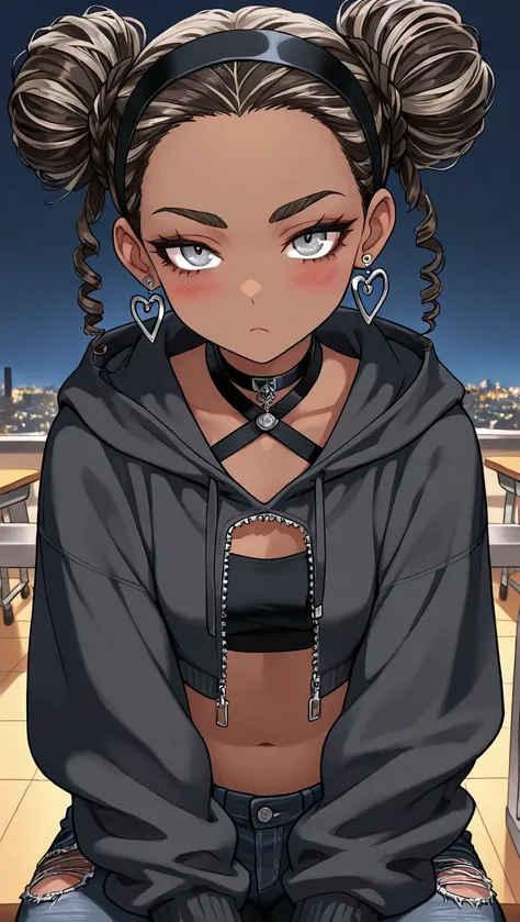 1Girl, Mature, Ebony, African American, Dark Skin, Jet Black Short Curly Hair With Brown Highlights, Small Double Buns, Silver Grey Eyes, Medium Chest, Black Halter Crop-Top, Black Cropped High-Cut Hoodie, Black Ripped Jeans, Jewelry, Heart Earrings, Black...