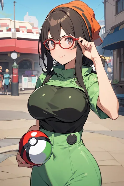 A women with brown and black hair in a bug catcher outfit and she has glasses and has a pokeball and is busty