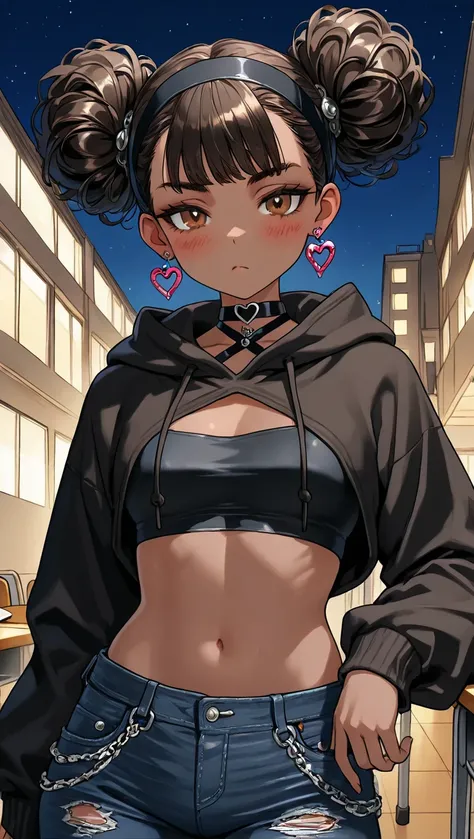 1Girl, Mature, Ebony, African American, Dark Skin, Jet Black Short Curly Hair, Small Double Buns, Brown Eyes, Medium Chest, Black Halter Crop-Top, Black Cropped High-Cut Hoodie, Black Ripped Jeans, Jewelry, Heart Earrings, Black Hairband, Black Choker, Loo...