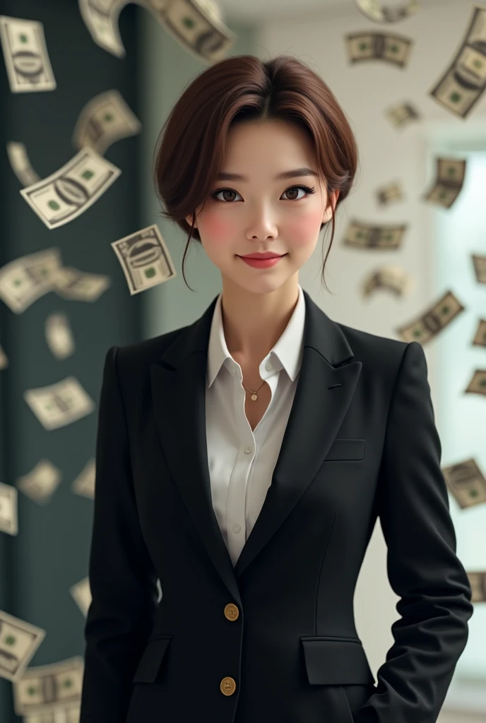 A girl with short brown hair in a black suit with a lot of money