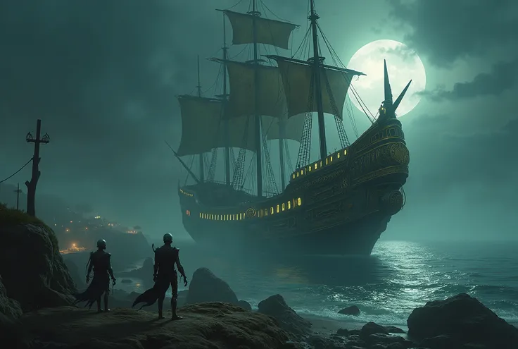 Hyper detail fairtales illustrator art. The epic dramatic darktale style cinematic scene. The Ghosted Giant Caravel wandering through the silently Seascape town under moon night. The skeletons crew on the ship. Golden runes golden cybernectic line decorate...