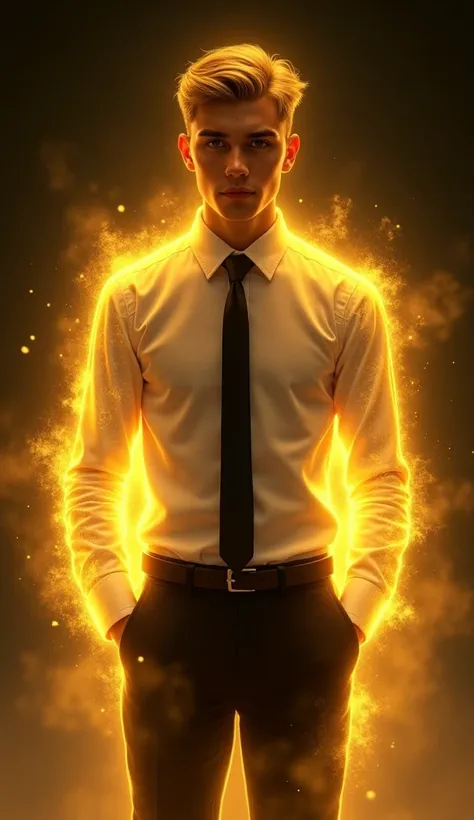 Male 20 years old ,blonde short garma hair,Wearing a white shirt, black tie, black suit,A golden light surrounds the body, dark background