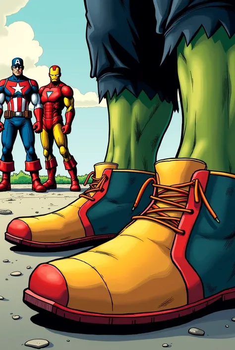 Prompt: A close-up of Hulk's oversized clown shoes, with vibrant colors and exaggerated proportions. The shoes look comically large compared to Hulk's muscular feet. The background shows Iron Man and Captain America laughing in the distance, preparing for ...