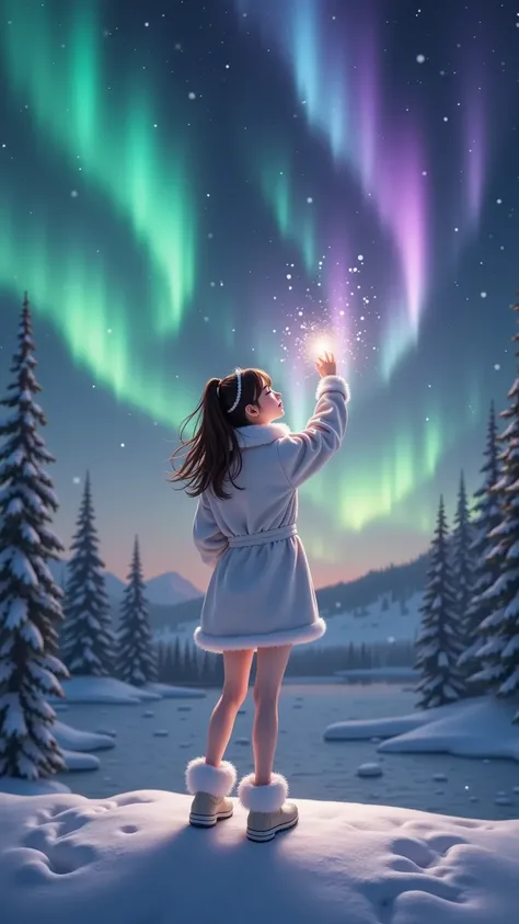 prompt: |
  An 18-year-old young girl stands in awe beneath a sky ablaze with swirling auroras.  
  The vibrant green and purple ribbons of light dance above her, reflecting off the endless snowfields and the frozen lake at her feet.  
  The entire landsca...