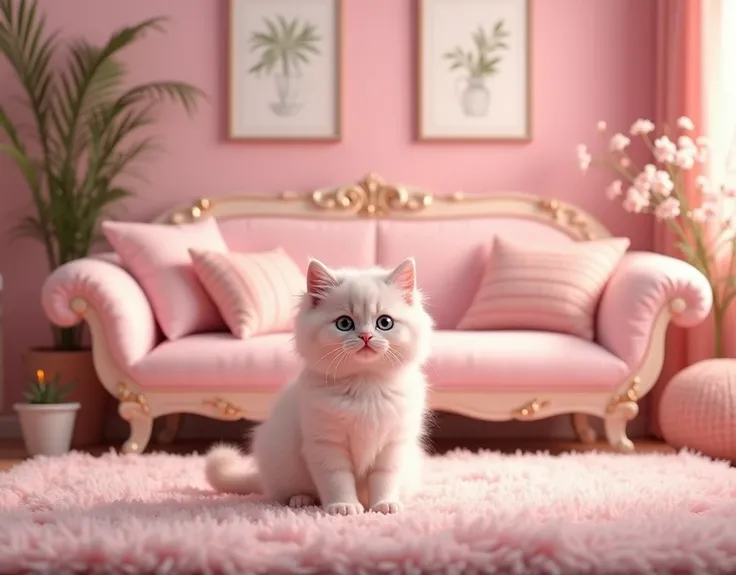 Pink living room with a cute kitten sitting and looking back