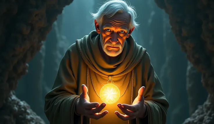 mysterious glow around the old man as he reveals the legend of the buried seed of light.