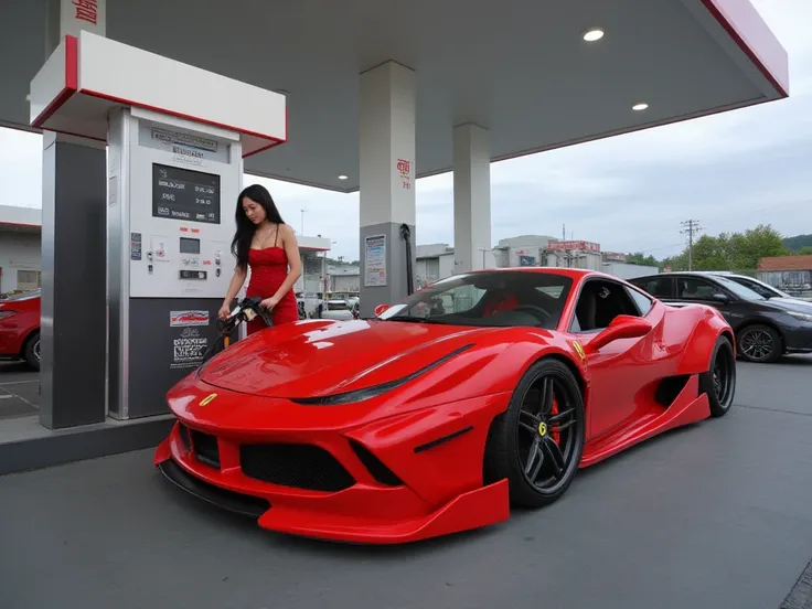 Japanese woman filling up gasoline at gas station、 Remodeled Ferrariｆ８、Red、  over fender、