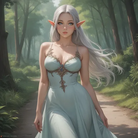 1 woman,  Elf, solo,  high resolution , thin dress, Breasts,  Blushing,  long silver hair,  blue eyes,  walks along the path ,  summer,  Realistic anatomy ,  Best quality,  Very detailed,  ajar lips, wild forest background