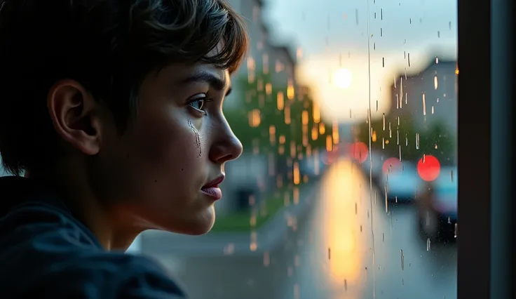  A person looking out the window on a rainy day ,  with the reflection in the glass showing tears streaming down their face. in the street,  there are small rays of the sun trying to break through the dark clouds . The color palette mixes shades of gray , ...