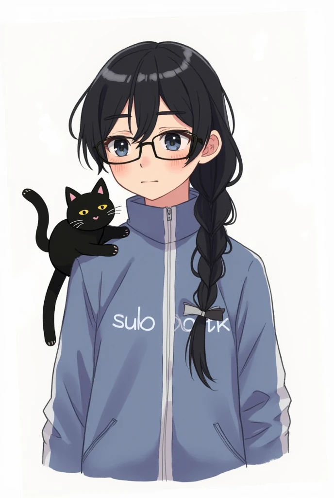 A young anime version ,  with long black hair with a braid , wearing glasses with a lookout pose , with a black cat with white details on the shoulder, wearing a jacket written SUB DO TK 