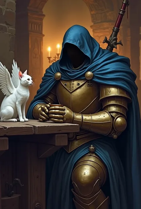 Generate a DnD Goliath wearing bronze plate armour with a blue cloak all hidden under a Black greatcoat. He Has a glaive on his back and his face is hidden. He Has his trusty companion a pure white cat with white wings. He is sitting in a tavern and drinki...