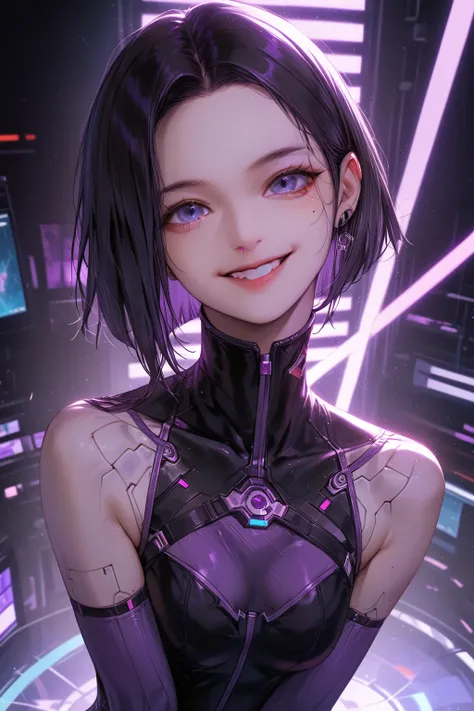    top quality 、   Masterpiece、      Ultra High Definition Cyberpunk Background     、（Photo resolution    ：1.4）     Right above an ultra high definition movie          、         girl with black hair bob cut、face close-up upper body       、smile 、1 person、 ...