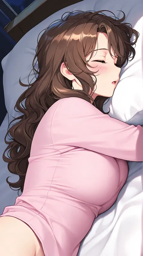 1girl, Solo, High Resolution, Masterpiece, Anatomically Correct, Best Quality, High Details, Long Hair, Brown Hair, Messy Hair, Wavy Hair, breasts, Blush,  Closed Eyes, Sleeping, Open Mouth, Bed, Pillows, Pink shirt, night time, dimly lit room, mature, Fro...