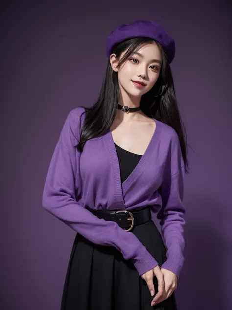 1 girl,((beautifull)),((realism)),black long hair,purple,beret,dark purple shirt with collars, long sleeve, black skirt, tie, belt, standing, smile,neckless, purple background