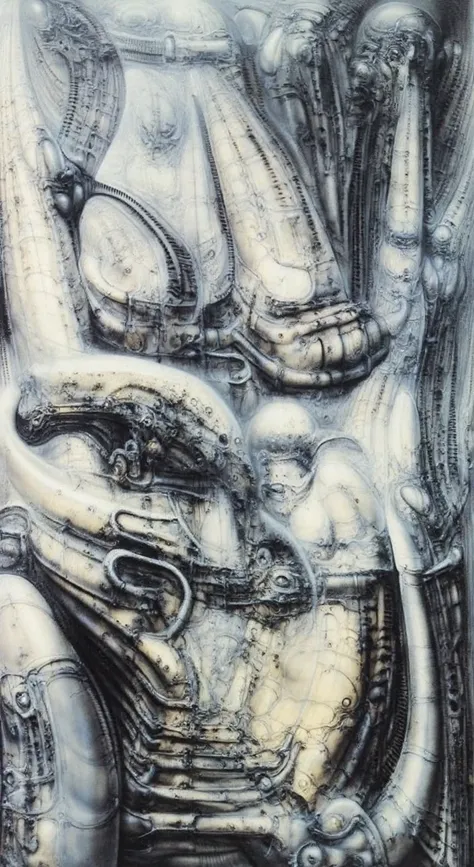 DARK BLACK COLORS, Giger_style, H. R. Giger's g1g3r, , Giger_style, The image is a detailed view of H.R. Giger's \" HRG Aleph \" plate, featuring ( image is a surreal and complex artwork featuring various human-like figures with skeletal features, intercon...