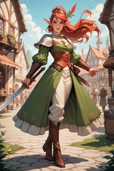 High elf fantasy noble elf holding a rapier sword, full body illustration, standing in a medieval town, red hair, dynamic pose, swashbuckler