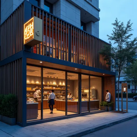 Bakery, sign board “CUBE”, by Philip Johnson, Wooden Lattice Facade, street facing, glass, outdoors, blue hour light