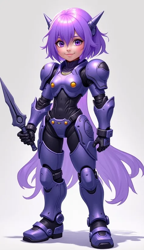 Japanese animation art. A futuristic girl ninja made of translucent purple slime stands proudly, wearing a suit of robotic armor. It holds a throwing star in one hand, exuding confidence and strength. Its gentle smile adds warmth to its determined presence...