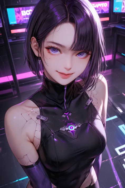    top quality 、   Masterpiece、      Ultra High Definition Cyberpunk Background     、（Photo resolution    ：1.4）     Right above an ultra high definition movie          、         girl with black hair bob cut、face close-up upper body       、smile 、1 person、 ...