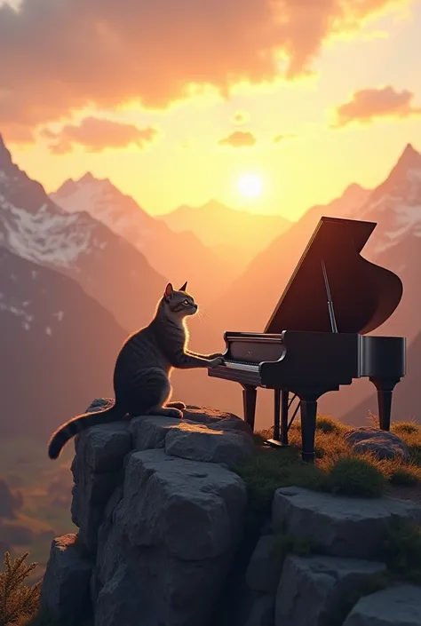 A cat sitting on a beautiful view at the top of the mountain and playing the piano