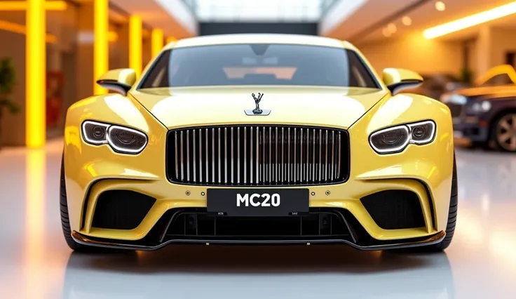 create an ultra-detailed 3D render straight front  view , of a  2025 Masterati MC20 with a bold design captured from straight front view. The car should feature a 'Gleamy  cream ' color with a 'Masterati ' logo on its front  , a large white detailed grille...