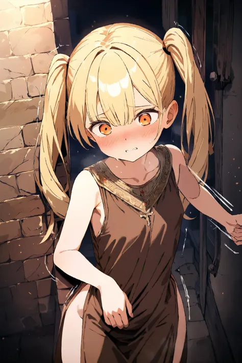 NSFW, Masterpiece, top quality, high resolution, very detailed, girl, Golden Hair , long hair, twin tails, orange eyes , small tits, medieval Europe , slum,alley,In the shade, Brown Tunic , sleeveless,With slits,blush,Orphan,Being raped, having sex by forc...