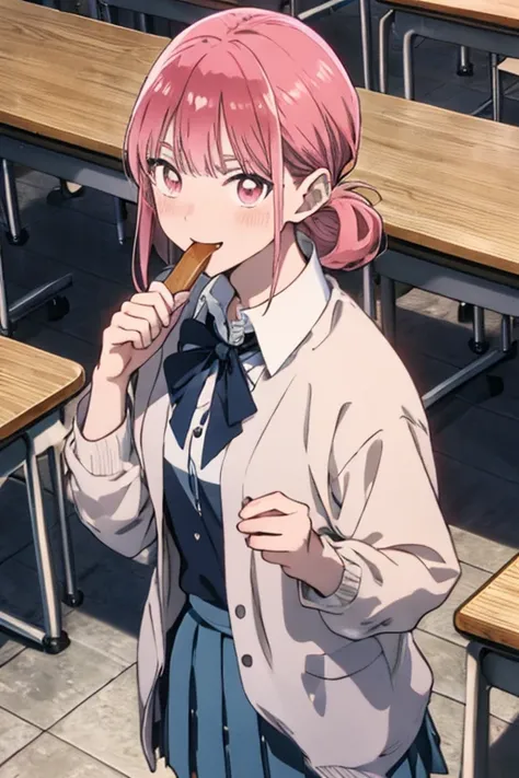 (from above:1.2,Best Quality),chono hina, Solo,pink hair, pink eyes, hair bun, anime screen shot, anime scene, pink cardigan, diagonal-striped bow, red ribbon, grey skirt, pleated skirt, collared shirt, white shirt, smirk, hand to own mouth, upper body, sc...