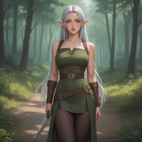 1 woman,  Elf, solo,  in full height are standing next to each other,  high resolution , hunter&#39;s clothing,  in your hands a long bow,  behind the back is a quiver with arrows, a hunting knife hangs on the belt, Breasts,  Blushing,  long silver hair,  ...