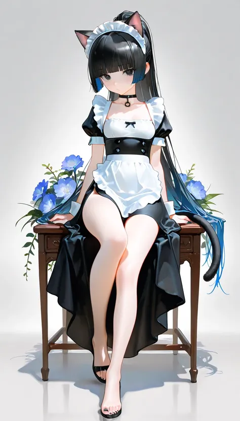 1girl, black eyes, Black Hair, blue Gradient Hair, blunt bangs, hime cut, ponytail, Cat ears and tail, small Breast, maid, high-waist, Side slit skirt, Choker, bare legs, foot, toenails, nail polish, black nails, masterpiece, best quality, Perfect details,...