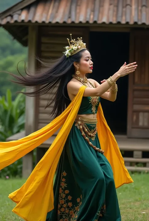 a badarawuhi dancer ,  beautiful Indonesian woman with long black hair wearing a gold tiara decorated with strands of jasmine flowers,  wears traditional dark green kemben ,  open shoulders ,  wears a dark green batik skirt ,  a long yellow shawl around he...