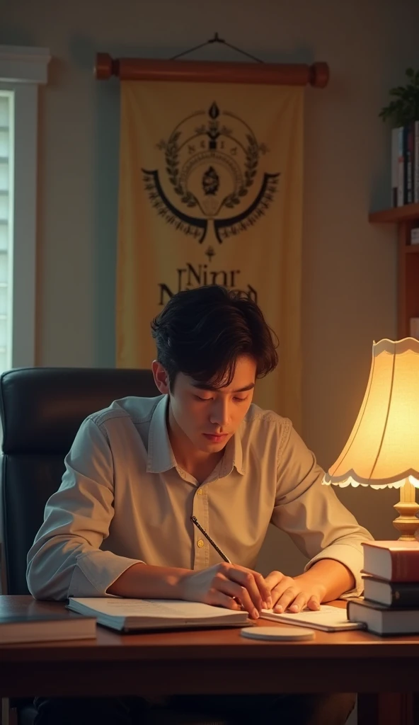 A 25-year-old student is studying in his room with a beautiful lamp and a banner on which the Najah educational platform is written