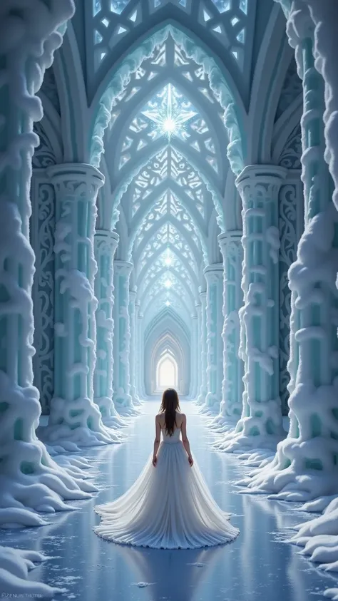 prompt: |
  An 18-year-old young girl stands at the entrance of a colossal, ethereal snow palace, a breathtaking structure sculpted entirely from glistening ice and frost.  
  The towering spires of the castle stretch toward the heavens, their crystalline ...