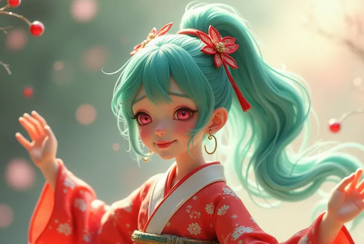 Woman's mint-colored hair, long ponytail, Japanese-style hair ornament, red and white kimono dress, the color of her eyes is pink, crying and laughing, mini character