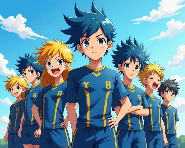 mettez moi 6 personnnage avec des cheveux bleu et jaune mi-long forme dragons et yeux stylé artificiel avec leurs uniforme de sport futurist taille musclé.de l'anime inazuma victory road sont dans un local du club de foot washi gakuen en lettre Japonais.cr...