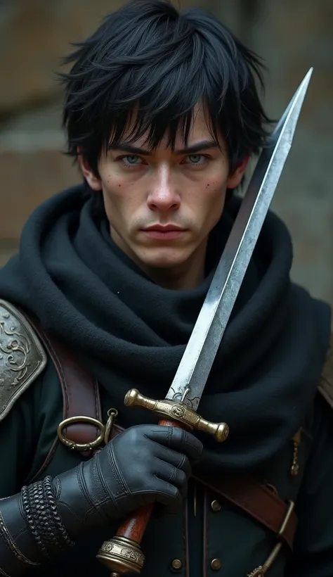 Create a 22-year-old male thief character in medieval style, aesthetically inspired by the video game Thief with a visible face and without a hood, While making out a smile with Black Hair Short Hair , blue eyes very realistic texture