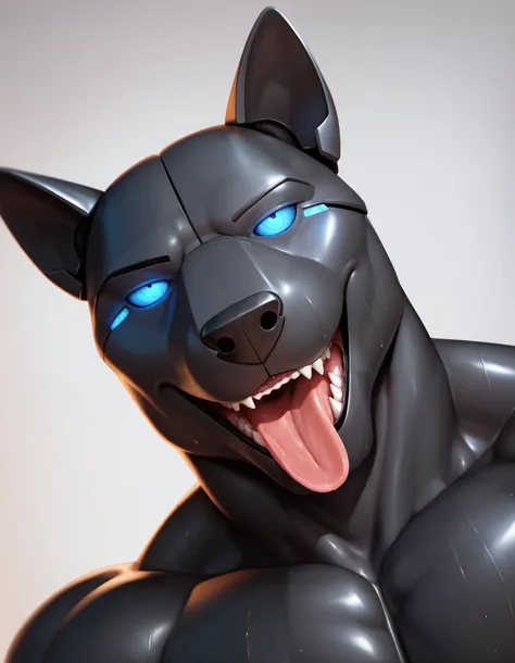 (anthropomorphic male wolf:1.6),open mouth, tongue out,(seductive:1.3),glowing blue eyes, black skin,robot body, sweaty,muscular build,8k highly detailed face, ultra detailed face, high quality photorealism, close detailed face, detailed unblurred face, cl...