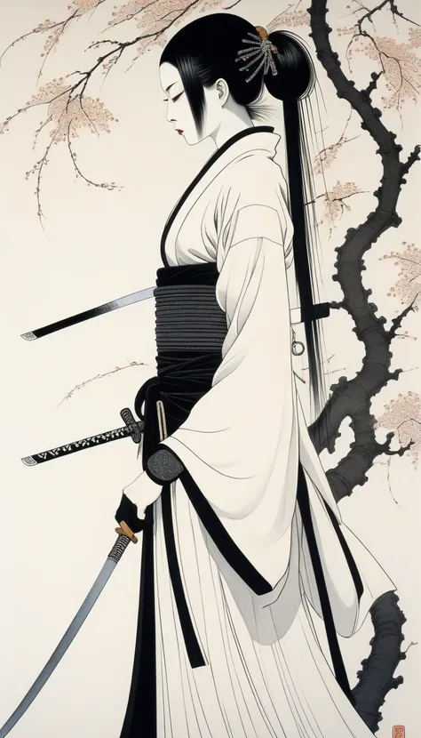  Minimalist Images ,  Beautiful Female Ninja , Japan, by Kay Nielsen. ( top quality,  Masterpiece)
